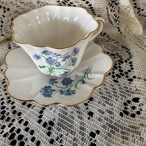 Floral Blue Flowers White and Gold Teacup and Saucer Set